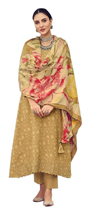 DRAVINAM Trends Women's Unstitched Printed Embroidered Woollen Pashmina Winter wear Salwar Suit Dress Material with Digital Printed Shawl Dupatta (Beige)