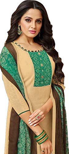 DRAVINAM Trends Women's Unstitched Cotton Salwar Suit Dress Material with Printed Patch Work and Chiffon Printed Dupatta/Chunni For College Wear//Casual Wear (Beige)