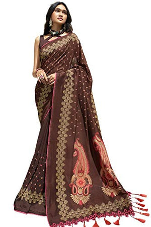 DRAVINAM Trends Women's Katha Print Silk Saree with Cutwork and Tassels on Pallu and Blouse Piece (Red)