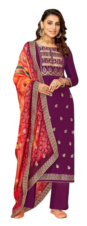 DRAVINAM Trends Women's Pure Dola Silk jacquard Bandhani Digital printed Sharara style Unstitched Suit Dress material with Pure Dola silk Woven Banarasi Dupatta (Free size_Pink)