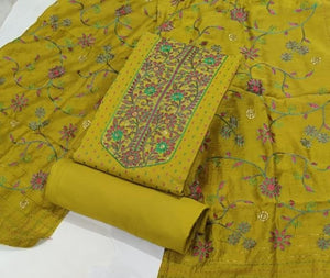 DRAVINAM Trends Women's Premium Malai Cotton Heavy Neck Embroidered Unstitched Salwar Suit Dress Material with Soft Silk Embroidered Dupatta