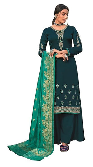 DRAVINAM Trends Women's Satin Georgette Unstitched Embroidered Chudidaar Salwar Suit dress Material with Heavy Pure Banarasi Meena Jacquard silk Dupatta (Free size_Blue and Firozee)