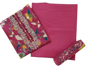 DRAVINAM Trends Women's Dark Pink Unstitched Salwar Suit Dress Material | Intricate Embroidered Neckline & Multi-Color Floral Design | 3-Piece Set (Kurta, Bottom, Dupatta)