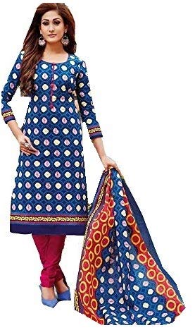 DRAVINAM Trends Women's Printed Cotton Salwar Suit Dress Material with Dupatta (Free size, Blue and Pink)
