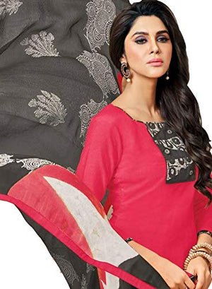 DRAVINAM Trends Women's Unstitched Cotton Salwar Suit Dress Material with Printed Patch Work and Chiffon Printed Dupatta/Chunni For College Wear//Casual Wear (Beige)