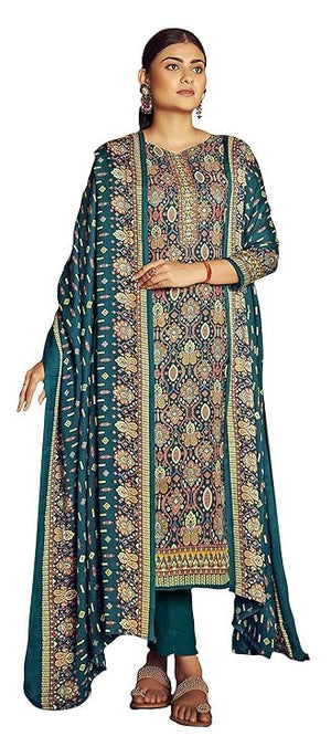 DRAVINAM Trends Women's Unstitched Printed Woolen salwar suit for women with Shawl dupatta (Blue)