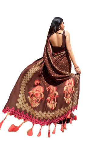 DRAVINAM Trends Women's Katha Print Silk Saree with Cutwork and Tassels on Pallu and Blouse Piece (Red)