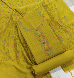 DRAVINAM Trends Women's Premium Malai Cotton Heavy Neck Embroidered Unstitched Salwar Suit Dress Material with Soft Silk Embroidered Dupatta