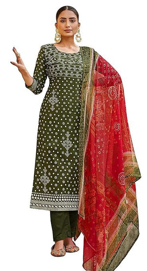 DRAVINAM Trends Women's Unstitched Salwar Suit Dress Material - Pure Cotton Print with Mirror Work Kameez | Plain Bottom |Chiffon Print Dupatta