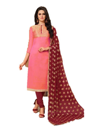 DRAVINAM Trends Women's Unstitched Banarasi Woven Salwar Suit Dress Material with Nazmin Jacquard Dupatta (Free Size_Pink)