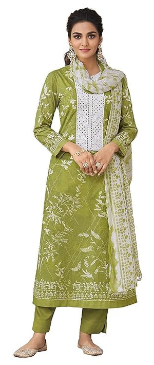 DRAVINAM Trends Women's Unstitched Digital Print Schiffli Chicken Work Pure Cotton Cambric Salwar Suit Dress Material with Digital Printed Bamber Half Pure Dupatta (Pink)