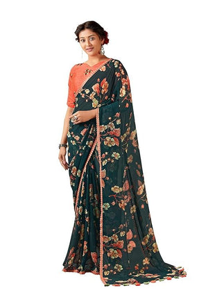DRAVINAM Trends Women's Pure georgette Bandhani Print saree with Lace Borders and Solid Blouse Piece (Black)