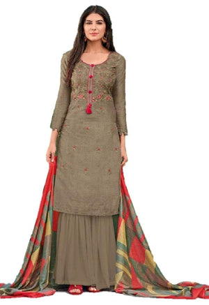 DRAVINAM Trends Women's Unstitched Pure Upada Silk embroidered Salwar Suit Dress Material with Chinon Dupatta (Free size_Grey)
