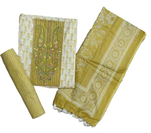 DRAVINAM Trends Women's Premium Cotton Jaipuri Printed Embroidered and Hand Work Unstitched Salwar Suit Dress Material with Mulmul Cotton Dupatta