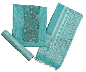 DRAVINAM Trends Women's Premium Cotton Jaipuri Printed Embroidered and Hand Work Unstitched Salwar Suit Dress Material with Mulmul Cotton Dupatta
