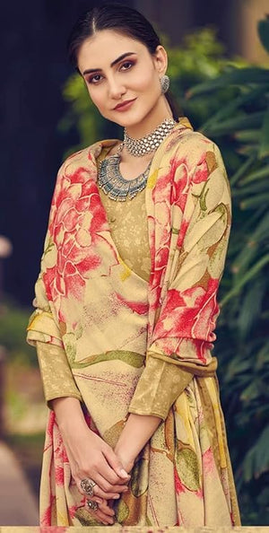 DRAVINAM Trends Women's Unstitched Printed Embroidered Woollen Pashmina Winter wear Salwar Suit Dress Material with Digital Printed Shawl Dupatta (Beige)
