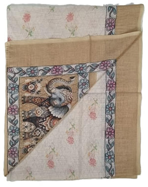 DRAVINAM Trends Digital Printed Aari Hand Work Pure Linen Dress Material | Unstitched Suit Set with Rayon Bottoms & Linen Dupatta for Women
