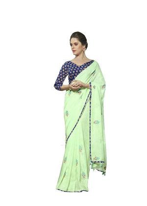 DRAVINAM Trends Women's Embroidered Khadi Linen Plain Saree with Ikat Printed Blouse Piece (Sky Blue and royal Blue)