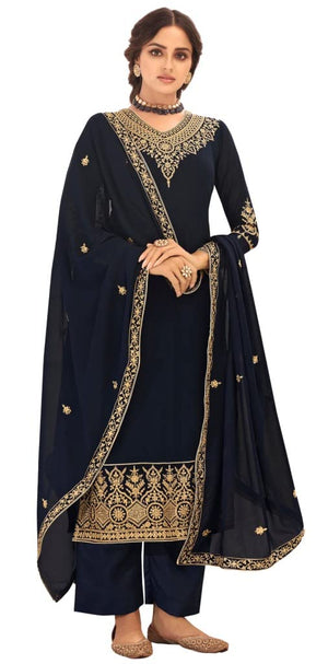 DRAVINAM Trends Women's Heavy Embroidered Pure Georgette Unstitched Chudidar Dress Material with Georgette Embroidered Dupatta (Free size_Navy Blue)