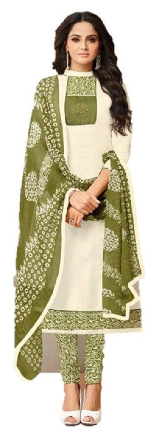 DRAVINAM Trends Women's Unstitched Cotton Salwar Suit Dress Material with Printed Patch Work and Chiffon Printed Dupatta/Chunni For College Wear//Casual Wear (Beige)