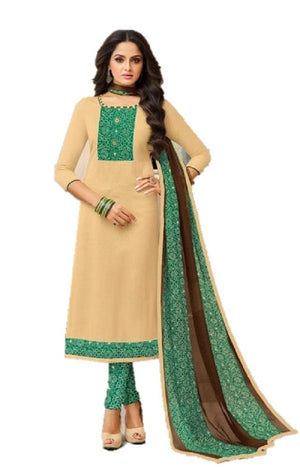 DRAVINAM Trends Women's Unstitched Cotton Salwar Suit Dress Material with Printed Patch Work and Chiffon Printed Dupatta/Chunni For College Wear//Casual Wear (Beige)