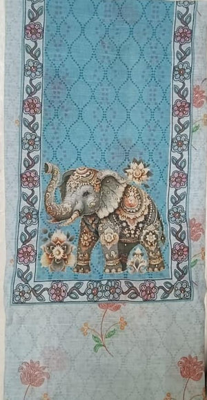 DRAVINAM Trends Digital Printed Aari Hand Work Pure Linen Dress Material | Unstitched Suit Set with Rayon Bottoms & Linen Dupatta for Women