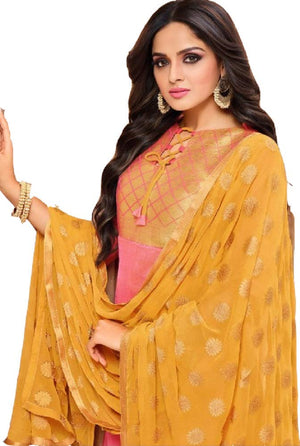 DRAVINAM Trends Women's Unstitched Banarasi Woven Salwar Suit Dress Material with Nazmin Jacquard Dupatta (Free Size_Pink)