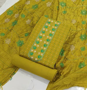 DRAVINAM Trends Women's Premium Malai Cotton Heavy Neck Embroidered Unstitched Salwar Suit Dress Material with Soft Silk Embroidered Dupatta