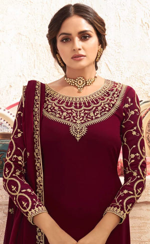 DRAVINAM Trends Women's Heavy Embroidered Pure Georgette Unstitched Chudidar Dress Material with Georgette Embroidered Dupatta (Free size_Maroon)(Pakistani Salwar Suit)