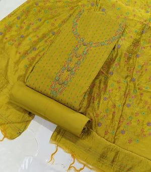 DRAVINAM Trends Women's Premium Malai Cotton Heavy Neck Embroidered Unstitched Salwar Suit Dress Material with Soft Silk Embroidered Dupatta