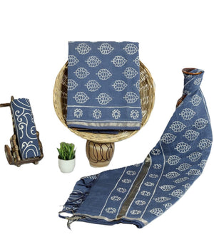 Women's Elegant Beige and Black Chanderi Block Printed Unstitched Salwar Suit Dress Material with Cotton Bottom & Zari Border Dupatta