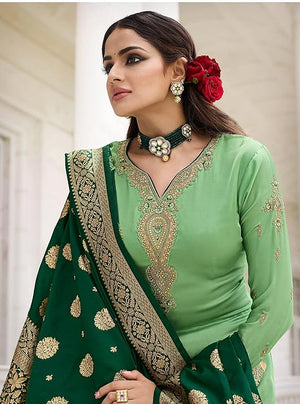 DRAVINAM Trends Women's Satin Georgette Unstitched Embroidered Chudidaar Salwar Suit dress Material with Heavy Pure Banarasi Meena Jacquard silk Dupatta (Free size_Blue and Firozee)