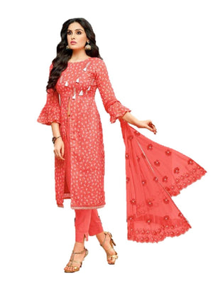 DRAVINAM Trends Women's Unstitched Cotton Printed Salwar Suit Dress Material with embroidered Nazmeen Dupatta (Free size_Light Orange)