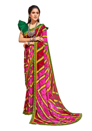 DRAVINAM Trends Women's Pure Georgette Lehriya Print Jaipuri Saree with Blouse Piece (Dark Red Peach and Yellow)
