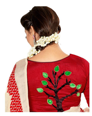 DRAVINAM Trends Women's Khadi Linen Saree With Un-stitched Blouse (SareePe_3_Cream & Red)