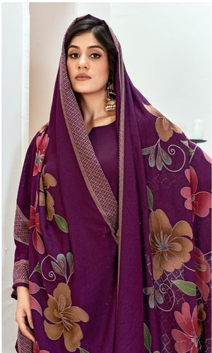 DRAVINAM Trends Complete Unstitch Pashmina Suit Set: Pure Viscose Pashmina Foil Print Top with Fancy Embroidery (2.5 m) II Solid Bottoms (2.8 m) II Digital Print Shawl Dupatta (2.25 m)