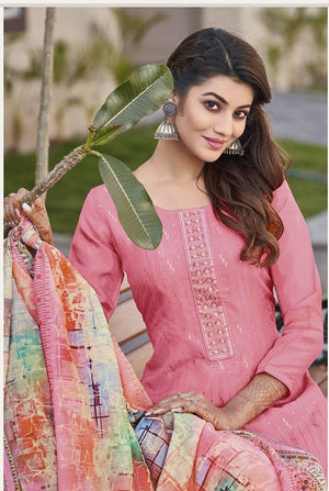 DRAVINAM Trends Women's Pure Viscose Upada Silk Sequence work Unstitched Salwar Suit Material with Pure Muslin Digital Print Sequence Dupatta (Free size_Pink)
