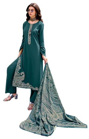 DRAVINAM Trends Women Unstitched Pashmina Salwar Suit Set 100% Pure Viscose Pashmina Wool Winter Wear Fabric Top With Elegant Embroidery, Plain Bottoms & Pashmina Digital Wool Shawl,Free Size, Blue