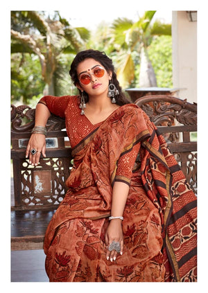 DRAVINAM Trends Women's Soft Mul Mul Cotton Jaipuri Printed Saree with Zari Border and Printed Blouse Piece (Grey)