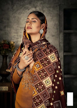 DRAVINAM Trends Women's Unstitched Winter Wear Spun Wool Embroidered Printed Palazzo Salwar Suit Dress Material with Spun Printed Shawl Dupatta (Yellow)
