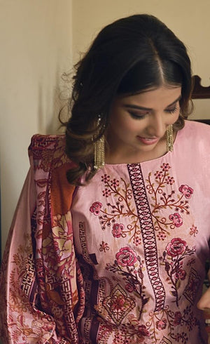 DRAVINAM Trends Women's Unstitched Print Embroidered Pure Cotton Pakistani Salwar Suit Dress Material with Cotton Printed Dupatta (Pink)