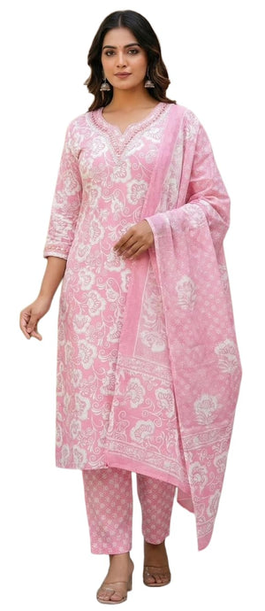 DRAVINAM Trends Women's Hand Embroidered Stitched Floral Printed Premium Cotton Kurta Pant Dupatta Suit Set (L / 40)
