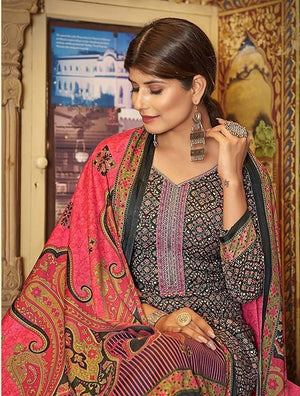 DRAVINAM Trends Women's Spun Pashmina Embroidered Kashmiri Kaani Printed winter wear Salwar suit Dress Material with Spun Pashmina Kashmiri printed Shawl dupatta (Black)