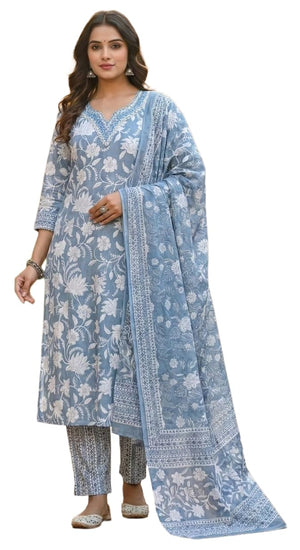 DRAVINAM Trends Women's Hand Embroidered Stitched Floral Printed Premium Cotton Kurta Pant Dupatta Suit Set (L / 40)