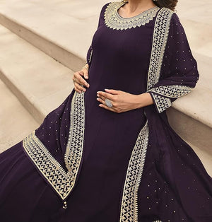 DRAVINAM Trends Women's Pure Georgette Heavy Zari Embroidered Anarkali Unstitched Suit Gown material with Georgette Embroidered and Swaroski work Dupatta (Free Size_Pinkish Red)