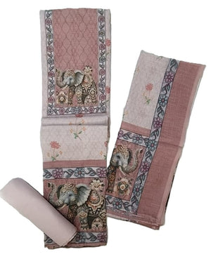 DRAVINAM Trends Digital Printed Aari Hand Work Pure Linen Dress Material | Unstitched Suit Set with Rayon Bottoms & Linen Dupatta for Women