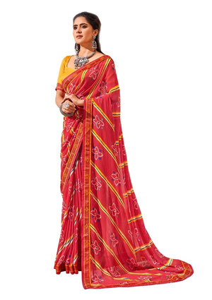 DRAVINAM Trends Women's Pure Georgette Lehriya Print Jaipuri Saree with Blouse Piece (Dark Red Peach and Yellow)