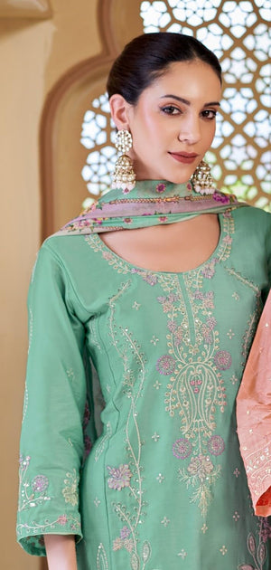 DRAVINAM Trends Kurti 2.50 mtrs,Pure Cotton Solid (2.7 m), Pure Cotton Mal Mal Print Dupatta (2.25 m)|Green