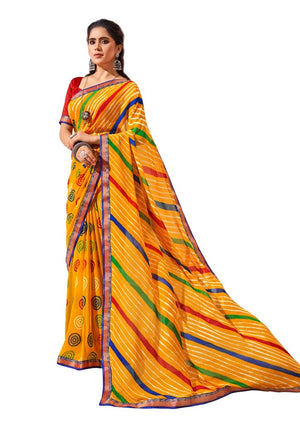 DRAVINAM Trends Women's Pure Georgette Lehriya Print Jaipuri Saree with Blouse Piece (Dark Red Peach and Yellow)