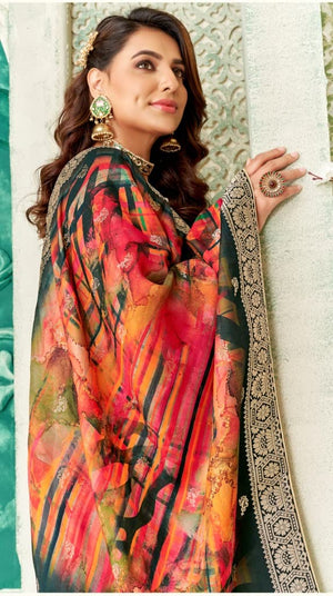 DRAVINAM Trends Women's Pure Dola Silk jacquard Bandhani Digital printed Sharara style Unstitched Suit Dress material with Pure Dola silk Woven Banarasi Dupatta (Free size_Pink)